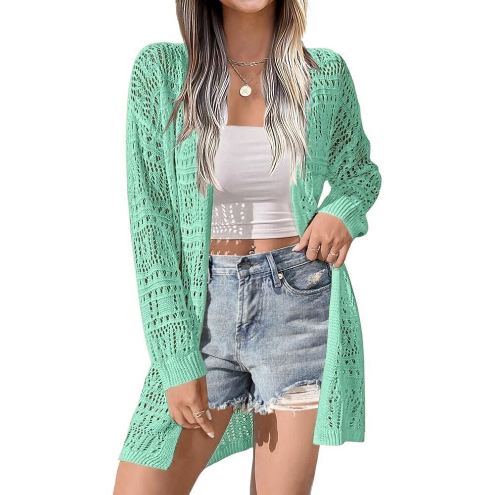 Women's Lightweight Crochet Kimono Cover Up Sweater Long Sleeve Open Front